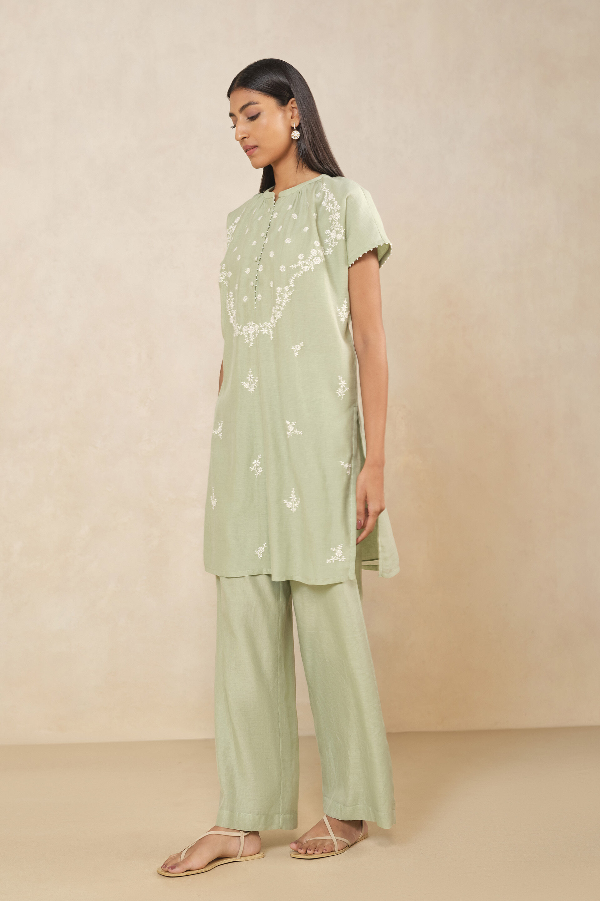 Haiku Hand-embroidered Chikankari Mul Kurta Set - Sage, Sage, image 3